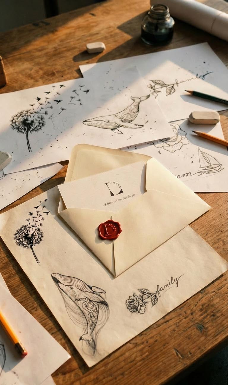 Temporary tattoo design sketches including whale, dandelion and floral tattoos on a wooden workspace.